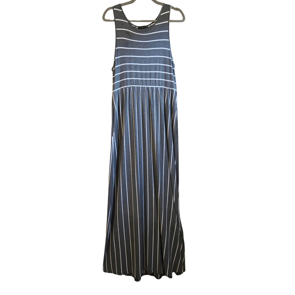 Casual Chic Gray White Striped Sleeveless Maxi Dress w/ Pockets Size L Stripes